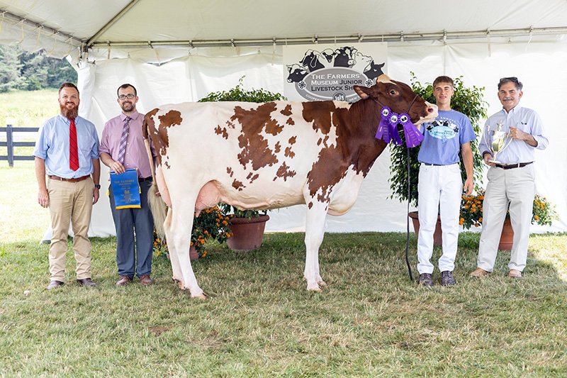 Dairy Cup Winner: Justin Wolfe of Richfield Springs, NY with his Holstein, Ovaltop Unst Roseanna-Red. Also pictured: Greg Evans and Jacob Pieper, Dairy Cattle Judges, and Paul D’Ambrosio, President & CEO of The Farmers’ Museum.